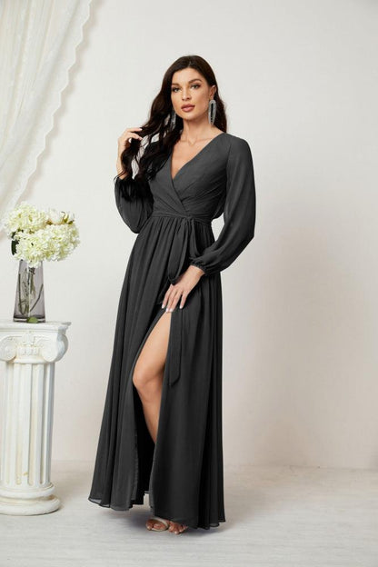 Numbersea Evening Dresses Deep V-Neck Chiffon Bridesmaid Dresses Long Bishop Sleeve Side Split Formal Dress 2806