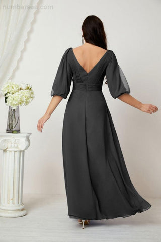 Baoleely  Formal Prom Gown Women V-Neck Chiffon Bridesmaid Dresses Long Bishop Sleeve Party Dress 2807