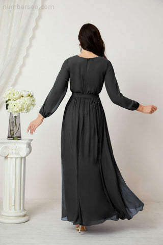 Sunnderly Evening Dresses Deep V-Neck Chiffon Bridesmaid Dresses Long Bishop Sleeve Side Split Formal Dress SY2806
