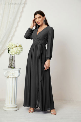 Sunnderly Evening Dresses Deep V-Neck Chiffon Bridesmaid Dresses Long Bishop Sleeve Side Split Formal Dress SY2806