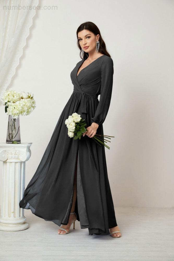 Numbersea Evening Dresses Deep V-Neck Chiffon Bridesmaid Dresses Long Bishop Sleeve Side Split Formal Dress 2806