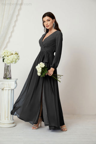 Sunnderly Evening Dresses Deep V-Neck Chiffon Bridesmaid Dresses Long Bishop Sleeve Side Split Formal Dress SY2806