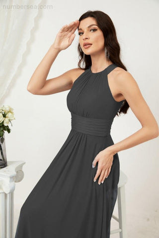 Baoleely Formal Party Gown Dress Chiffon Halter Long Sleeveless Bridesmaid Dresses 2802