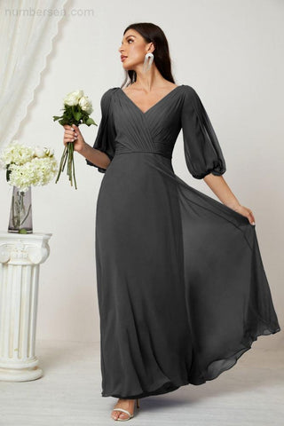Baoleely  Formal Prom Gown Women V-Neck Chiffon Bridesmaid Dresses Long Bishop Sleeve Party Dress 2807