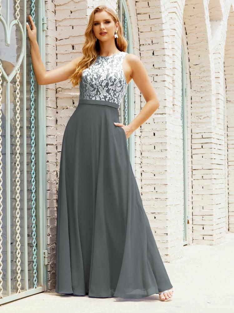 Lace Bridesmaid Dress Floor Length Evening Gowns with Pockets 28017