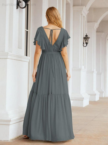 Baoleely Women's Open Back Formal Evening Party Prom Gowns V-Neck Long Chiffon Bridesmaid Dresses with Waist Belt 28038