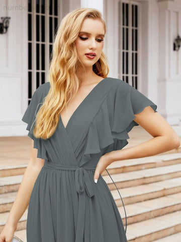 Baoleely Women's Open Back Formal Evening Party Prom Gowns V-Neck Long Chiffon Bridesmaid Dresses with Waist Belt 28038