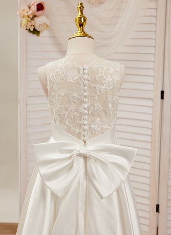 A-line Lace Satin Floor-length First Communion Flower Girl Dress