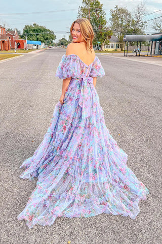 Gorgeous A Line Off the Shoulder Pink Floral Printed Corset Prom Dress with Sweep Train