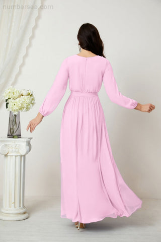 Sunnderly Evening Dresses Deep V-Neck Chiffon Bridesmaid Dresses Long Bishop Sleeve Side Split Formal Dress SY2806