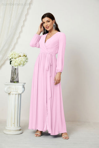 Sunnderly Evening Dresses Deep V-Neck Chiffon Bridesmaid Dresses Long Bishop Sleeve Side Split Formal Dress SY2806