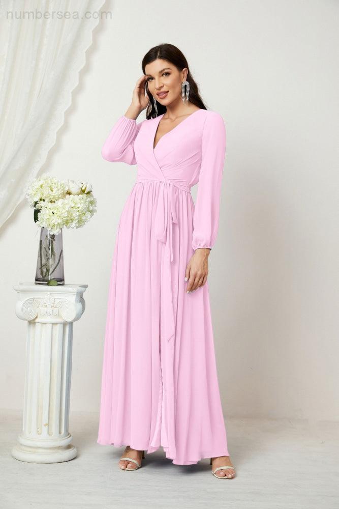 Numbersea Evening Dresses Deep V-Neck Chiffon Bridesmaid Dresses Long Bishop Sleeve Side Split Formal Dress 2806