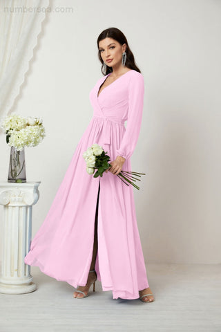 Sunnderly Evening Dresses Deep V-Neck Chiffon Bridesmaid Dresses Long Bishop Sleeve Side Split Formal Dress SY2806