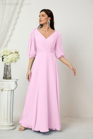 Baoleely  Formal Prom Gown Women V-Neck Chiffon Bridesmaid Dresses Long Bishop Sleeve Party Dress 2807