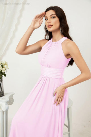 Baoleely Formal Party Gown Dress Chiffon Halter Long Sleeveless Bridesmaid Dresses 2802