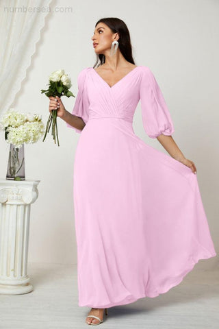 Baoleely  Formal Prom Gown Women V-Neck Chiffon Bridesmaid Dresses Long Bishop Sleeve Party Dress 2807