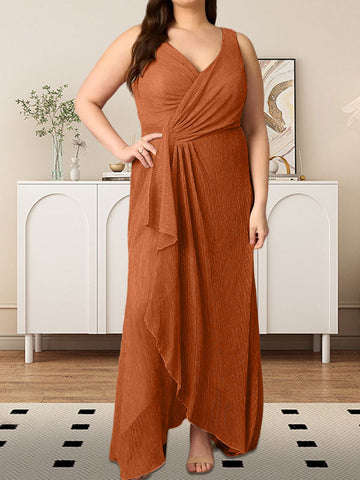 A-Line V-Neck Ruched Metallic Mesh Dress