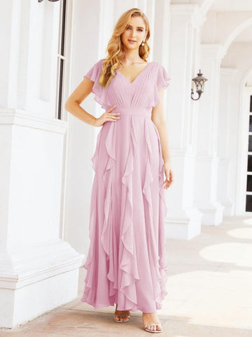 Robe de demoiselle d'honneur à volants et manches longues, robe de soirée formelle 28041 