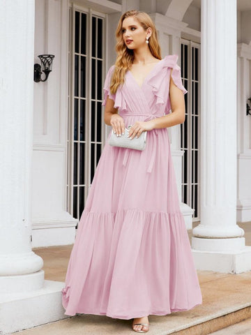 Baoleely Women's Open Back Formal Evening Party Prom Gowns V-Neck Long Chiffon Bridesmaid Dresses with Waist Belt 28038