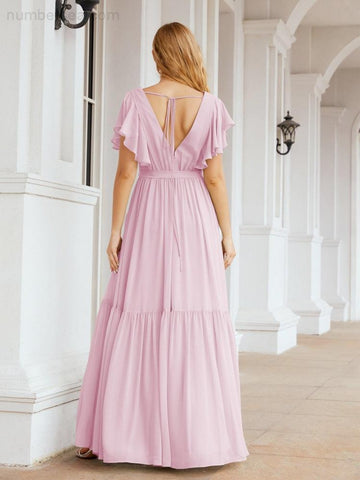 Baoleely Women's Open Back Formal Evening Party Prom Gowns V-Neck Long Chiffon Bridesmaid Dresses with Waist Belt 28038