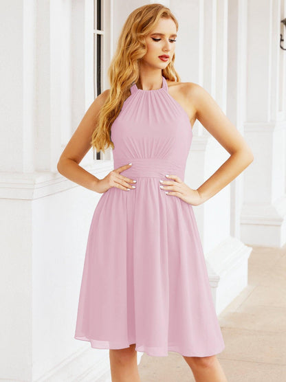 Numbersea Halter Chiffon Bridesmaid Dresses Short Sleeveless Formal Party Dress Open Back 28023