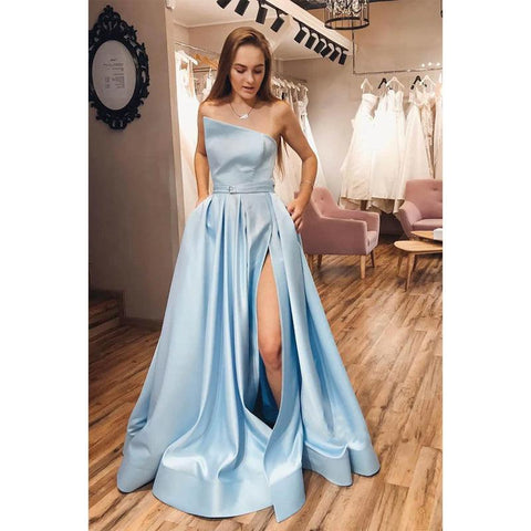 Vestido de fiesta largo de satén azul cielo sin tirantes, corte A, con abertura y bolsillos 