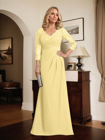 Sheath/Column V-Neck Illusion Floor-Length Lace Chiffon Mother of the Bride Dress With Pleated Sequins