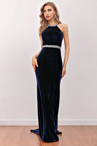 Navy Mermaid Velvet Long Prom Dress