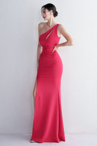 One Shoulder Black Long Prom Dress with Split Front