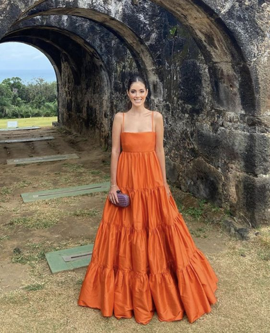 Robe de bal longue orange trapèze, robes de soirée extravagantes Y2856