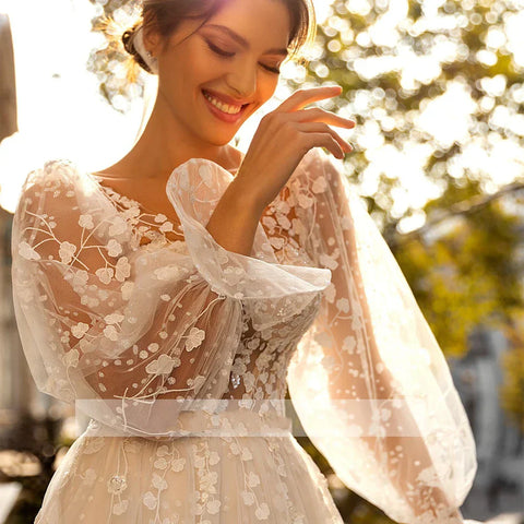 3D Flower Wedding Dress Lace Long Sleeve Women's Bridal Gownes Sexy V-neck Tulle Transparent A-line Dress Bohemia Robe Vestido