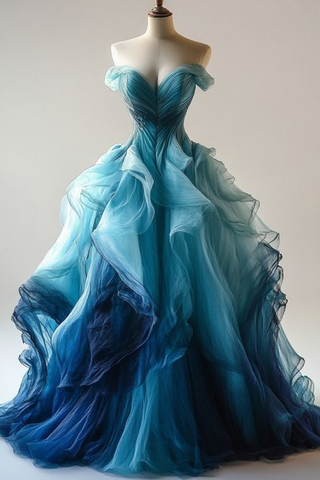 Vestido de noche de organza azul degradado de lujo, corte en A, escote barco, modelo Y8368