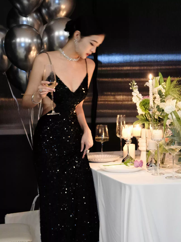 Vestido de noche negro con lentejuelas brillantes, sexy, sin espalda, modelo Y1124