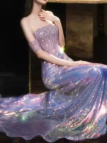 Vestido de noche formal de sirena morado con lentejuelas, hombros descubiertos y brillo, modelo Y8182