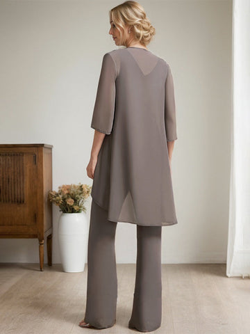 Separates Jumpsuit/Pantsuit Scoop Floor-Length Chiffon Lace Mother of the Bride Dress With Beading Sequins