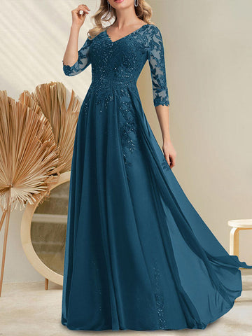 A-line V-Neck Floor-Length Lace Chiffon Mother of the Bride Dress With Sequins