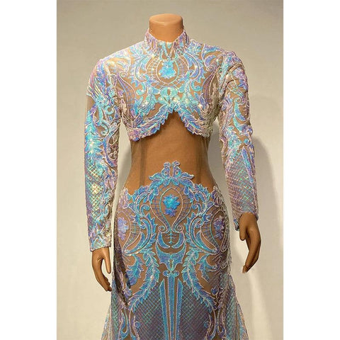 Robe de bal sirène à col haut et paillettes appliquées, unique pour fille noire 