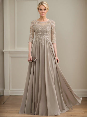 A-line Scoop Illusion Floor-Length Lace Chiffon Mother of the Bride Dress With Sequins