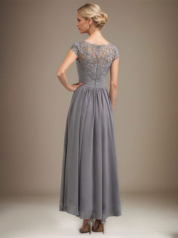 A-line Scoop Illusion Asymmetrical Lace Chiffon Mother of the Bride Dress With Pleated