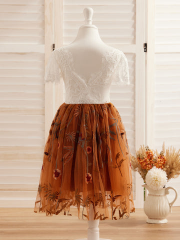 Burnt Orange White Lace Tulle Embroidered Knee Length Flower Girl Dress