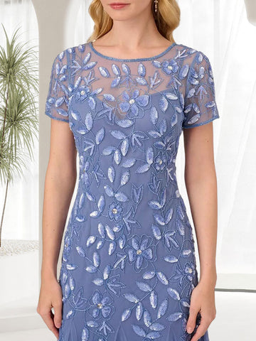 Vestido largo azul de sirena con cuello redondo para la madre de la novia con pedrería