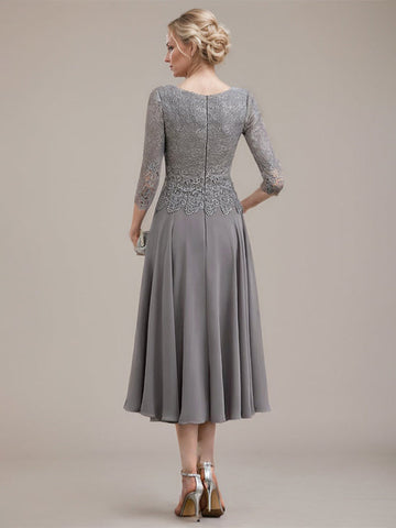 Vestido de corte A con escote redondo y largo hasta la rodilla en gasa de encaje para la madre de la novia 