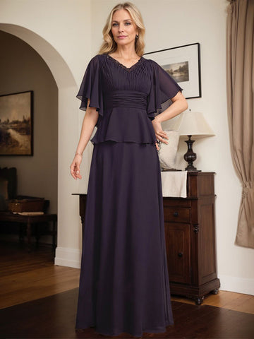 A-line V-Neck Floor-Length Chiffon Mother of the Bride Dress With Pleated Beading