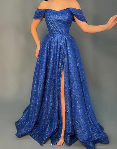 Robe de bal bleue à paillettes, épaules dénudées et fente, coupe trapèze, Y8532