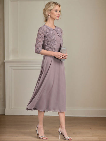A-line Scoop Tea-Length Chiffon Mother of the Bride Dress With Pleated