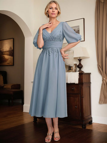 A-line V-Neck Tea-Length Lace Chiffon Mother of the Bride Dress With Pleated