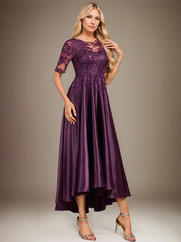 A-line Scoop Illusion Asymmetrical Stretch Satin Lace Mother of the Bride Dress With Sequins