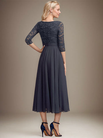 A-line Scoop Tea-Length Lace Chiffon Mother of the Bride Dress With Sequins