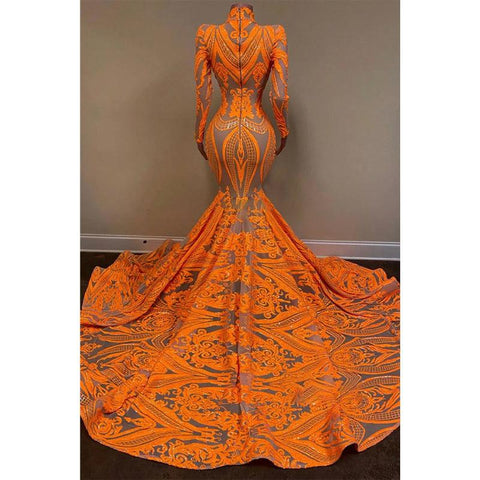 Robe de bal sirène américaine unique à col haut et manches longues avec appliques de paillettes 