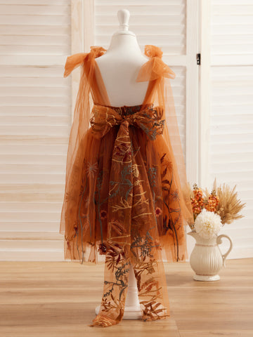 Burnt Orange Lace Tulle Embroidered Toddler Knee Length Flower Girl Dress